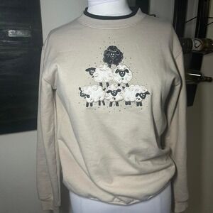 Vintage Morning Sun Sheep Sweatshirt Trilogy Embroidered Animal Graphic Beige